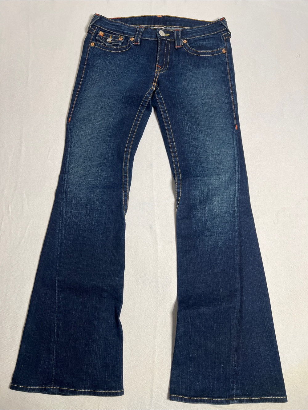 True Religion Dark Blue Flared Jeans with Contrast Stitching